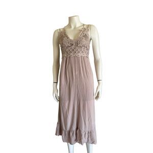Vine & Valley women’s L maxi slip crochet strappy taupe boho sundress tan
